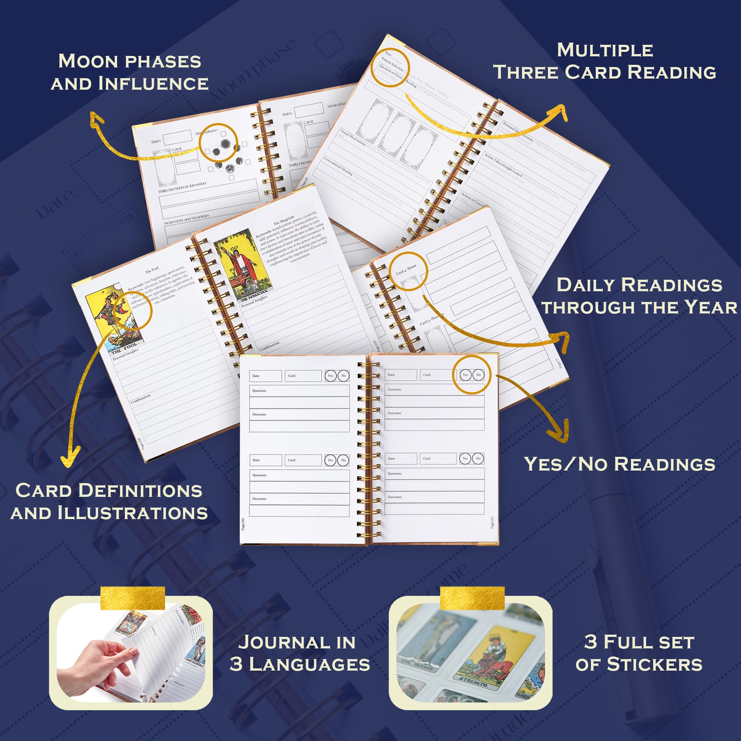 Journal et planificateur de tarot : réflexions quotidiennes et croissance personnelle avec autocollants, cahier d'exercices de tarot