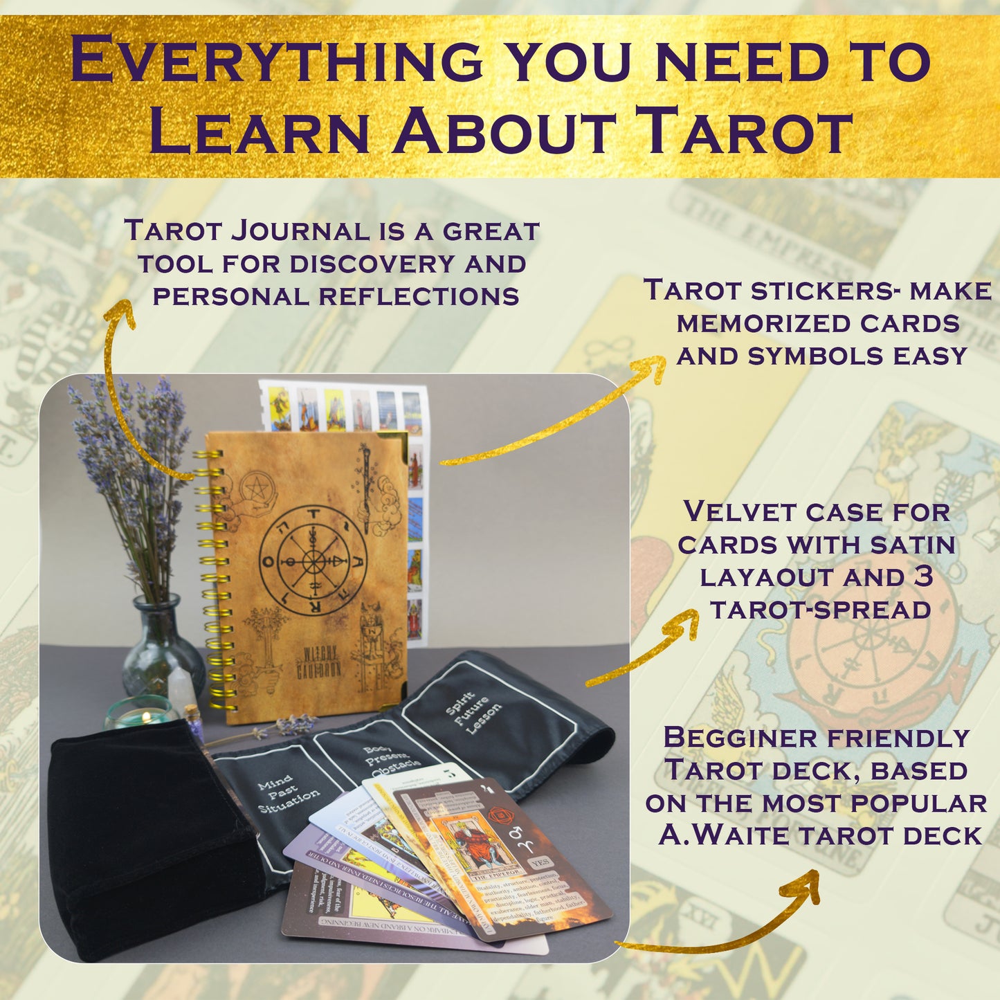 English Tarot Learning Set for Beginners (Tarot, Black Wrap and Journal)