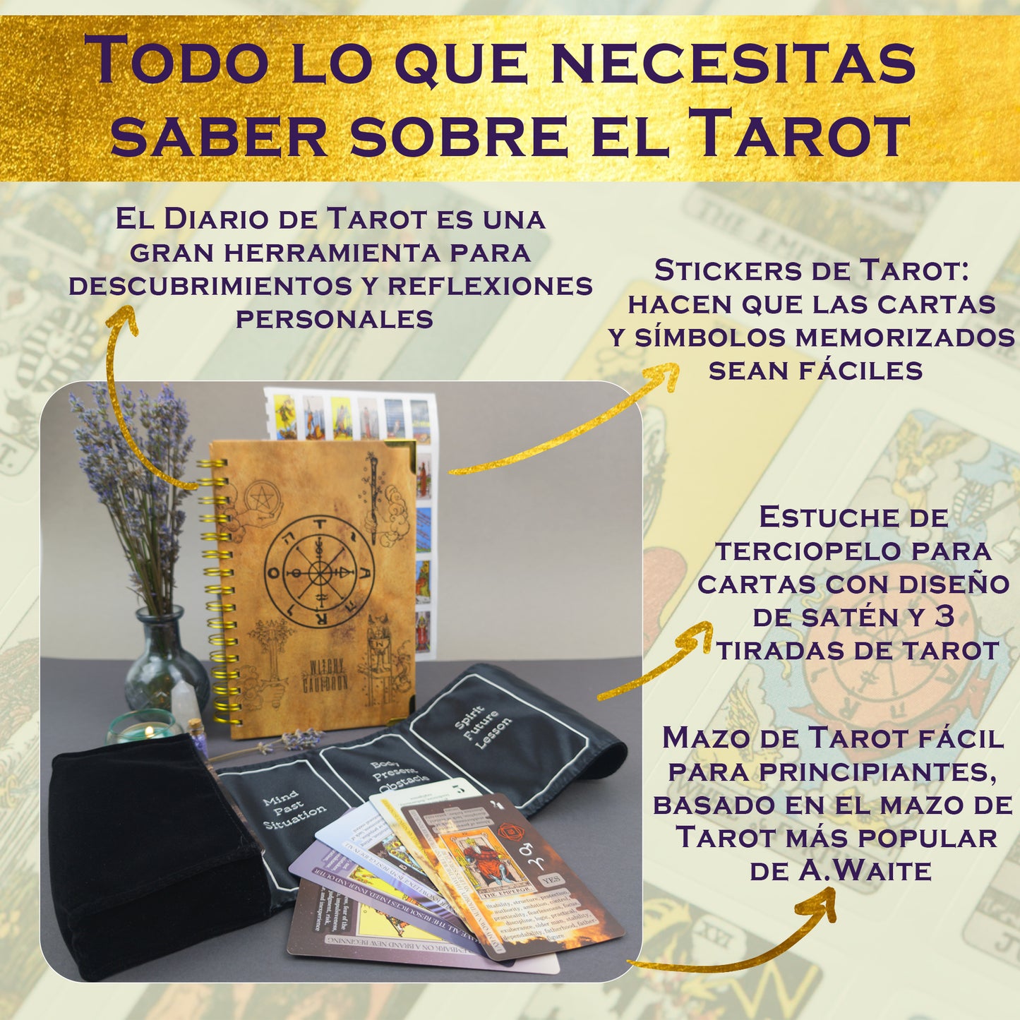 Spanish Tarot Learning Set for Beginners (Tarot, Black Wrap, Journal)