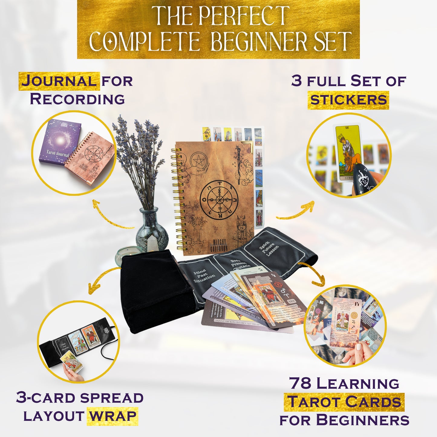 English Tarot Learning Set for Beginners (Tarot, Black Wrap and Journal)