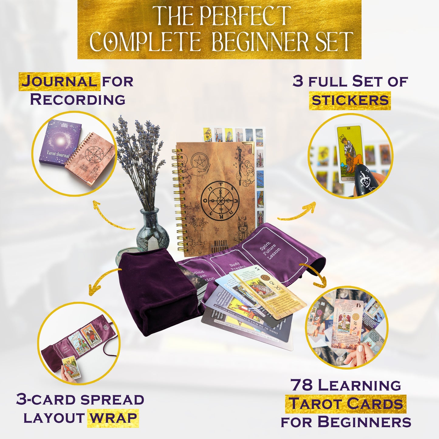 English Tarot Learning Set for Beginners (Tarot, Purple Wrap, Journal)