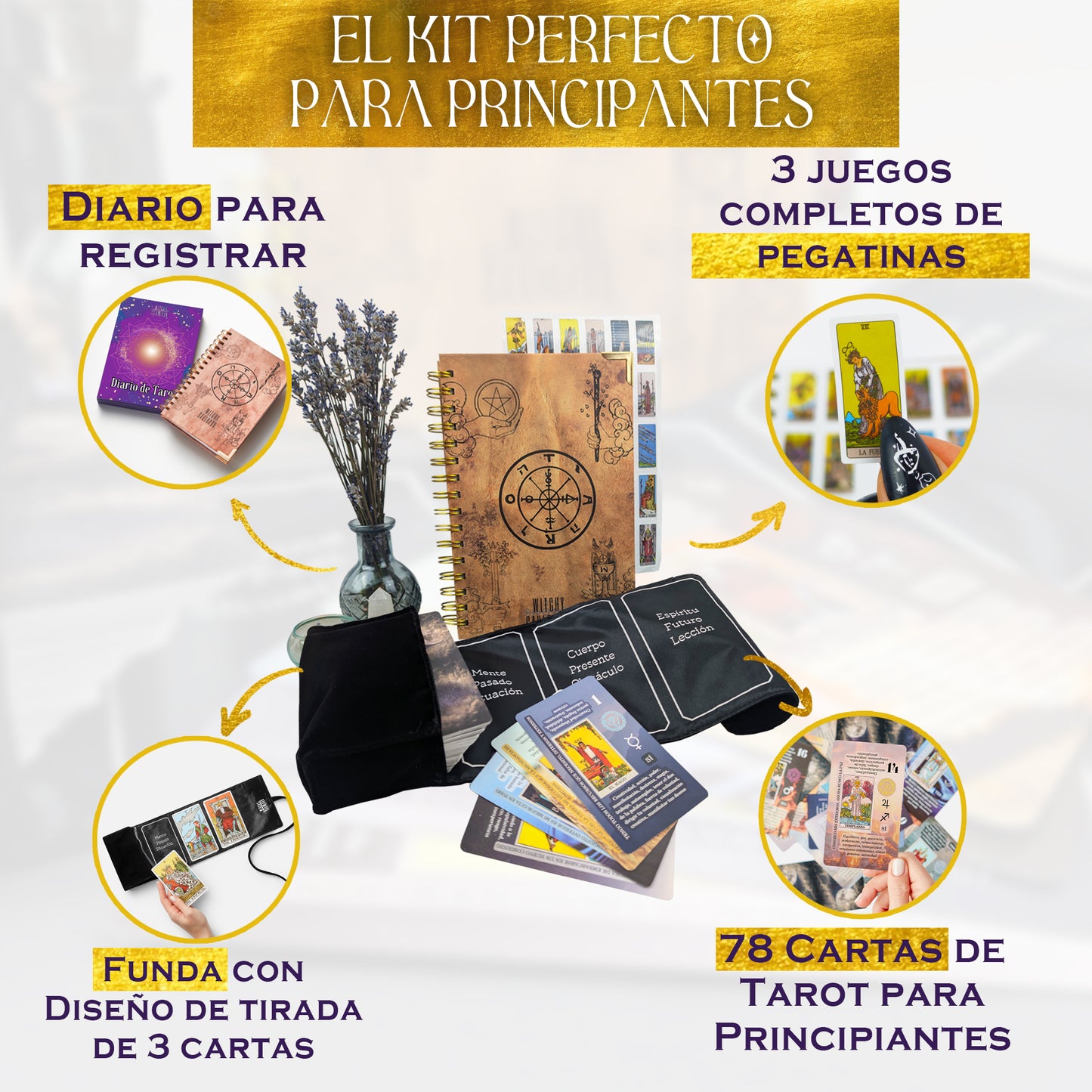 Spanish Tarot Learning Set for Beginners (Tarot, Black Wrap, Journal)