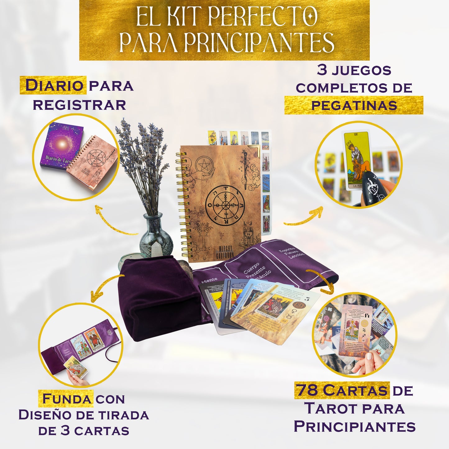 Spanish Tarot Learning Set for Beginners (Tarot, Purple Wrap, Journal)