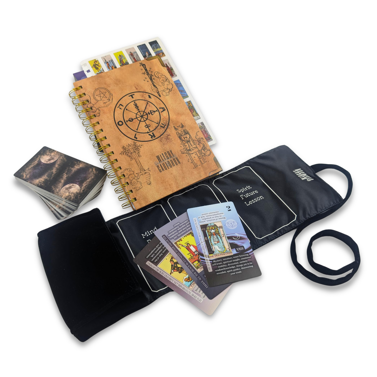 Kit de aprendizaje de tarot Witchy Cauldron para principiantes: aprendizaje de cartas del tarot para principiantes, soporte de tarot de satén y diario de tarot para planificar lo espiritual