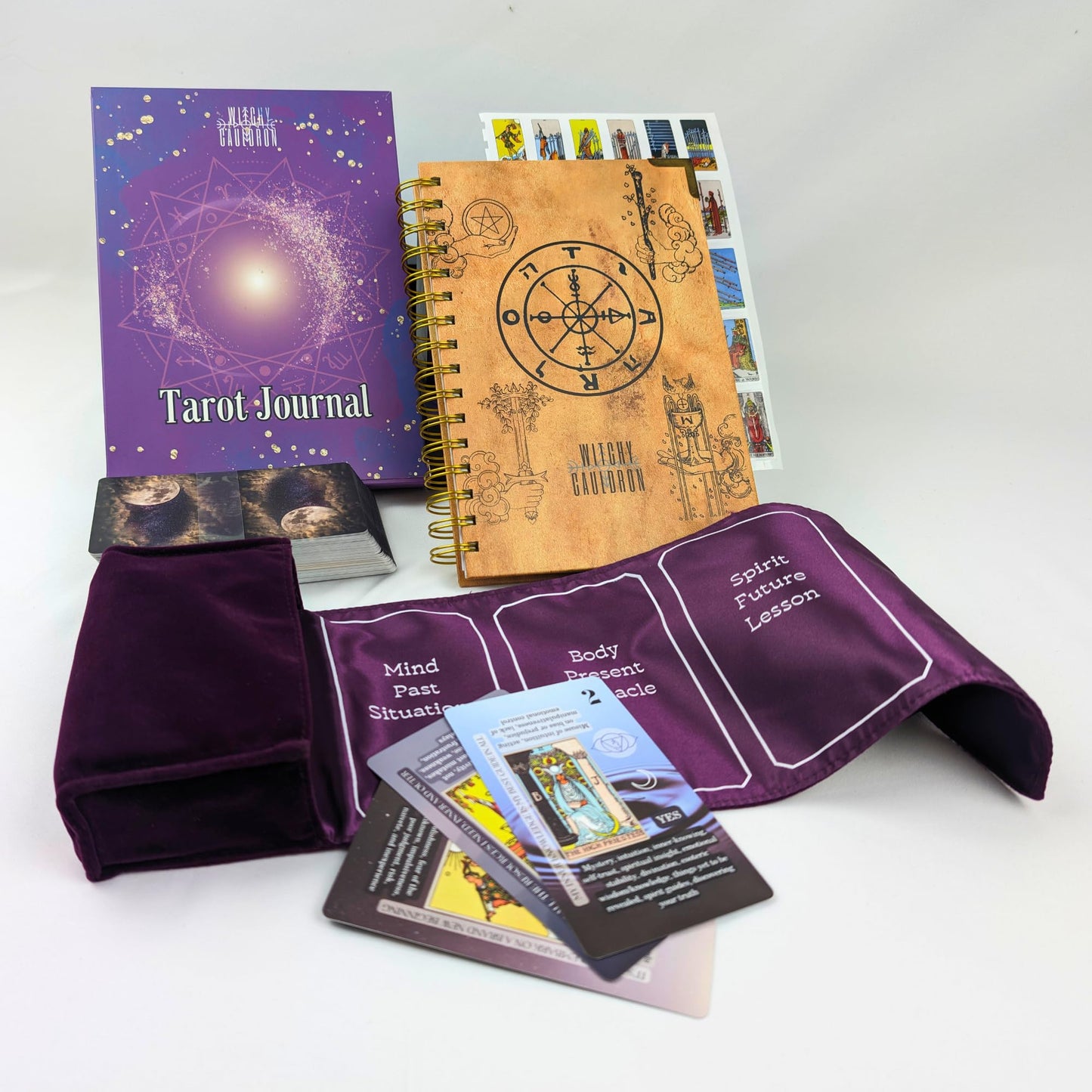 Kit de aprendizaje de tarot Witchy Cauldron para principiantes: aprendizaje de cartas del tarot para principiantes, soporte de tarot de satén y diario de tarot para planificar lo espiritual