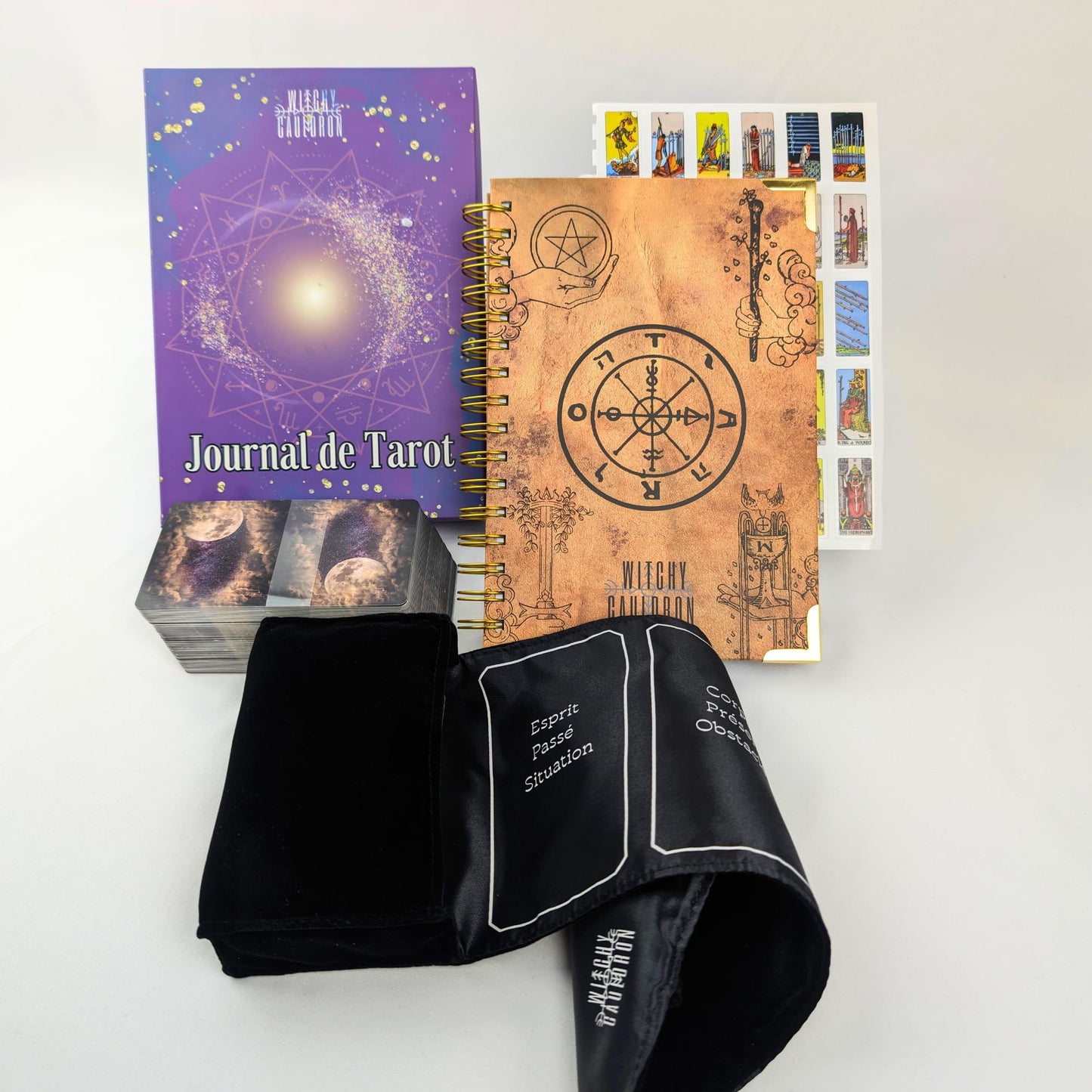 Witchy Cauldron Français Ensemble d'apprentissage du Tarot pour Débutants: Cartes de Tarot d'apprentissage pour Débutants, Porte-Tarot en Satin et Journal de Tarot pour la Planification Spirituelle