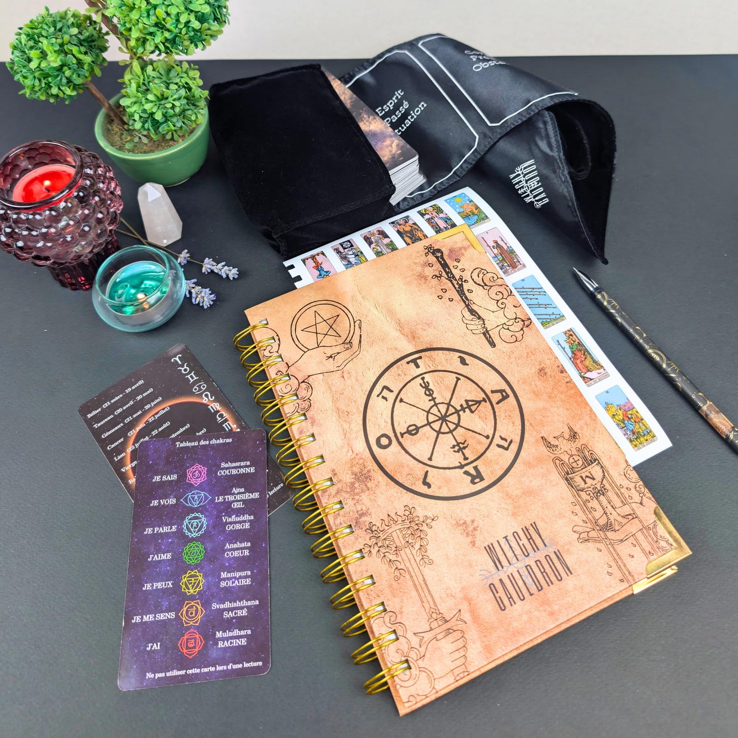 Witchy Cauldron Français Ensemble d'apprentissage du Tarot pour Débutants: Cartes de Tarot d'apprentissage pour Débutants, Porte-Tarot en Satin et Journal de Tarot pour la Planification Spirituelle