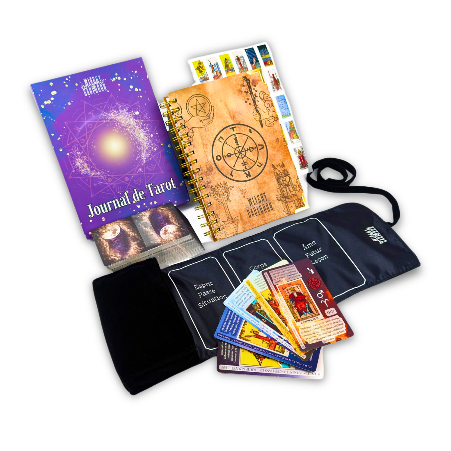 Witchy Cauldron Français Ensemble d'apprentissage du Tarot pour Débutants: Cartes de Tarot d'apprentissage pour Débutants, Porte-Tarot en Satin et Journal de Tarot pour la Planification Spirituelle