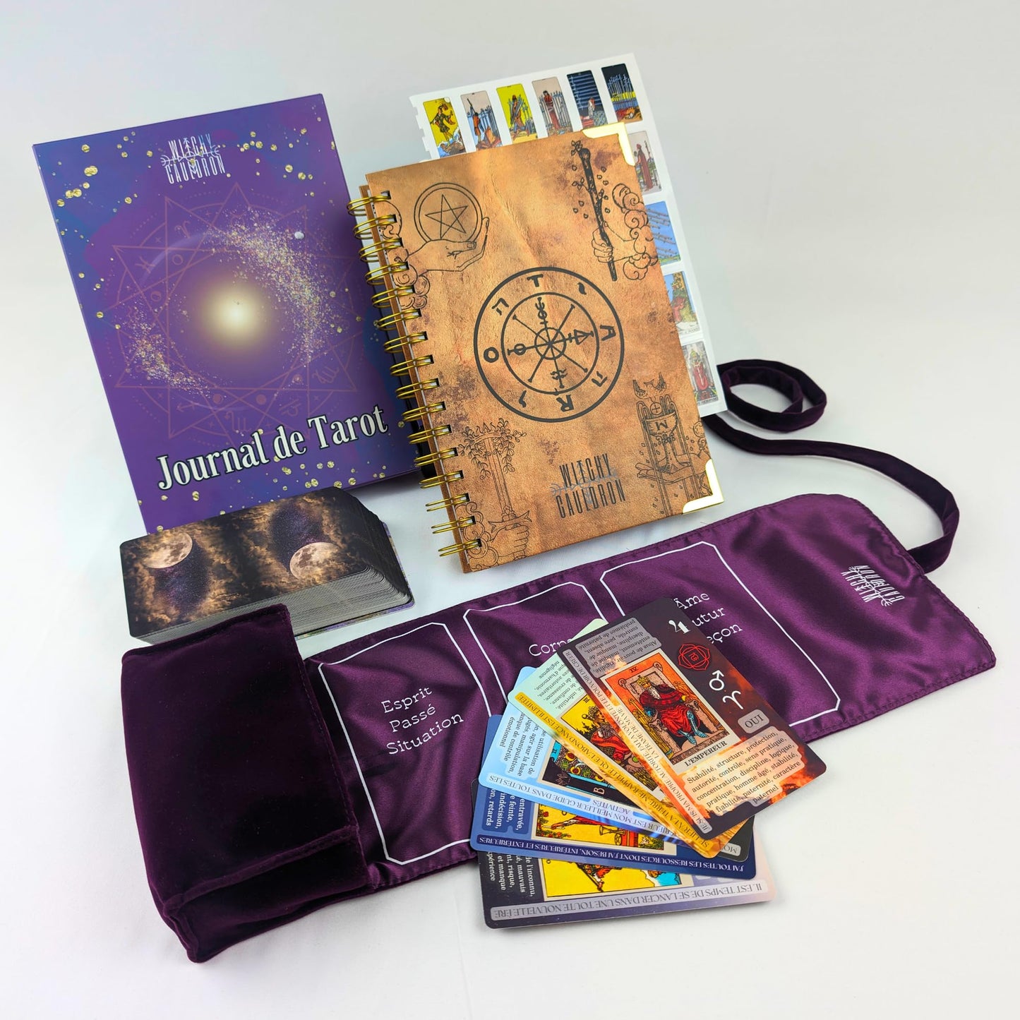 Witchy Cauldron Français Ensemble d'apprentissage du Tarot pour Débutants: Cartes de Tarot d'apprentissage pour Débutants, Porte-Tarot en Satin et Journal de Tarot pour la Planification Spirituelle