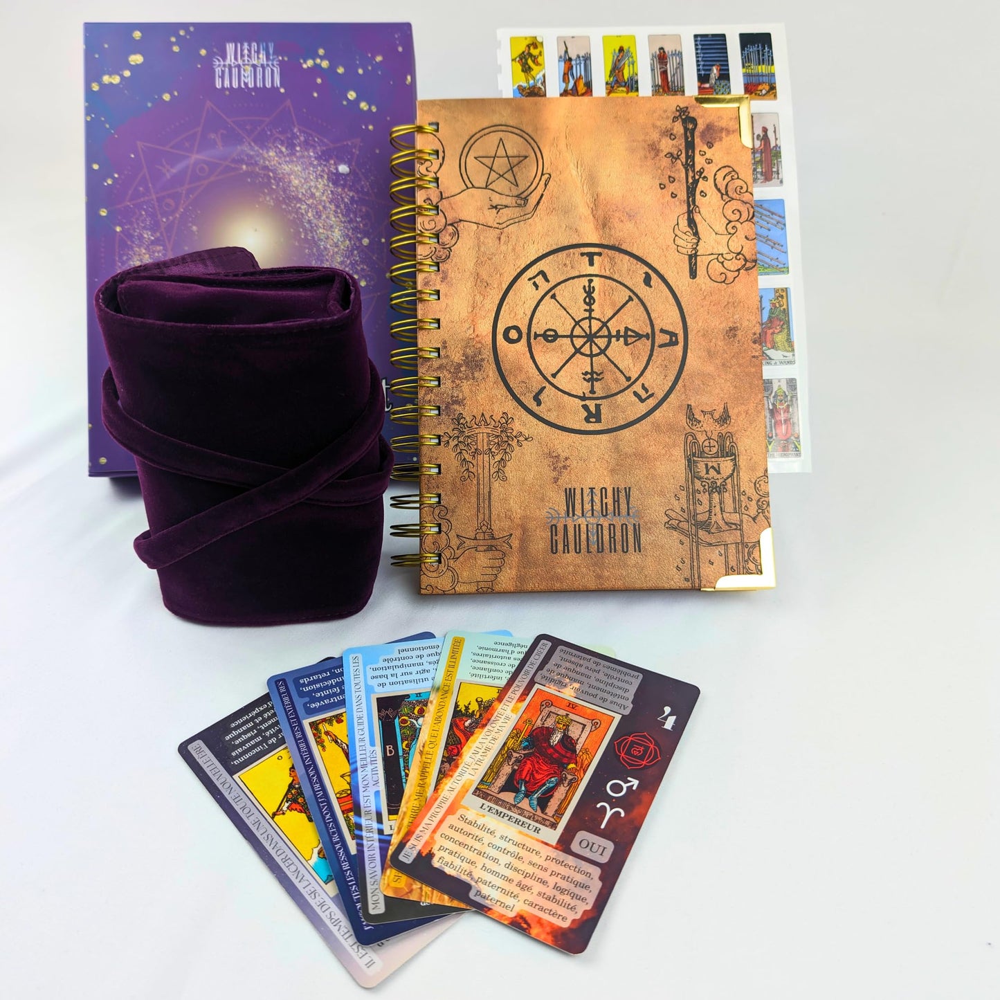 Witchy Cauldron Français Ensemble d'apprentissage du Tarot pour Débutants: Cartes de Tarot d'apprentissage pour Débutants, Porte-Tarot en Satin et Journal de Tarot pour la Planification Spirituelle