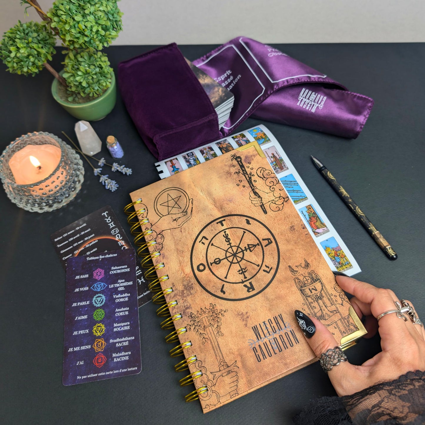 Witchy Cauldron Français Ensemble d'apprentissage du Tarot pour Débutants: Cartes de Tarot d'apprentissage pour Débutants, Porte-Tarot en Satin et Journal de Tarot pour la Planification Spirituelle