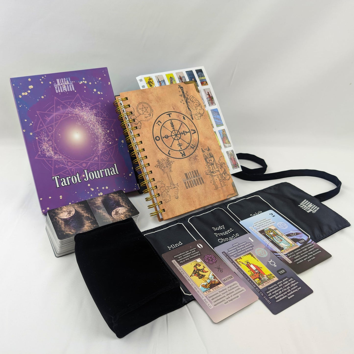 Kit de aprendizaje de tarot Witchy Cauldron para principiantes: aprendizaje de cartas del tarot para principiantes, soporte de tarot de satén y diario de tarot para planificar lo espiritual