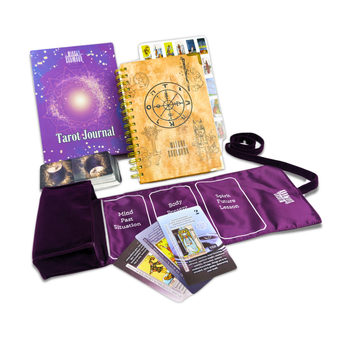 Kit de aprendizaje de tarot Witchy Cauldron para principiantes: aprendizaje de cartas del tarot para principiantes, soporte de tarot de satén y diario de tarot para planificar lo espiritual